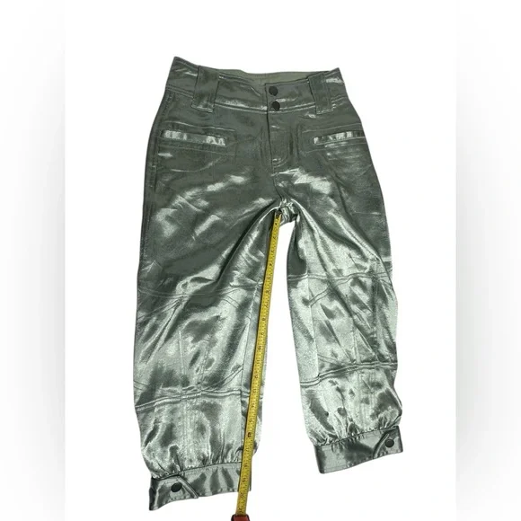 NEW Free People Ryder Pants Metallic Silver Satin Moto Crop Vegan Shiny Green 0 - Picture 9 of 13